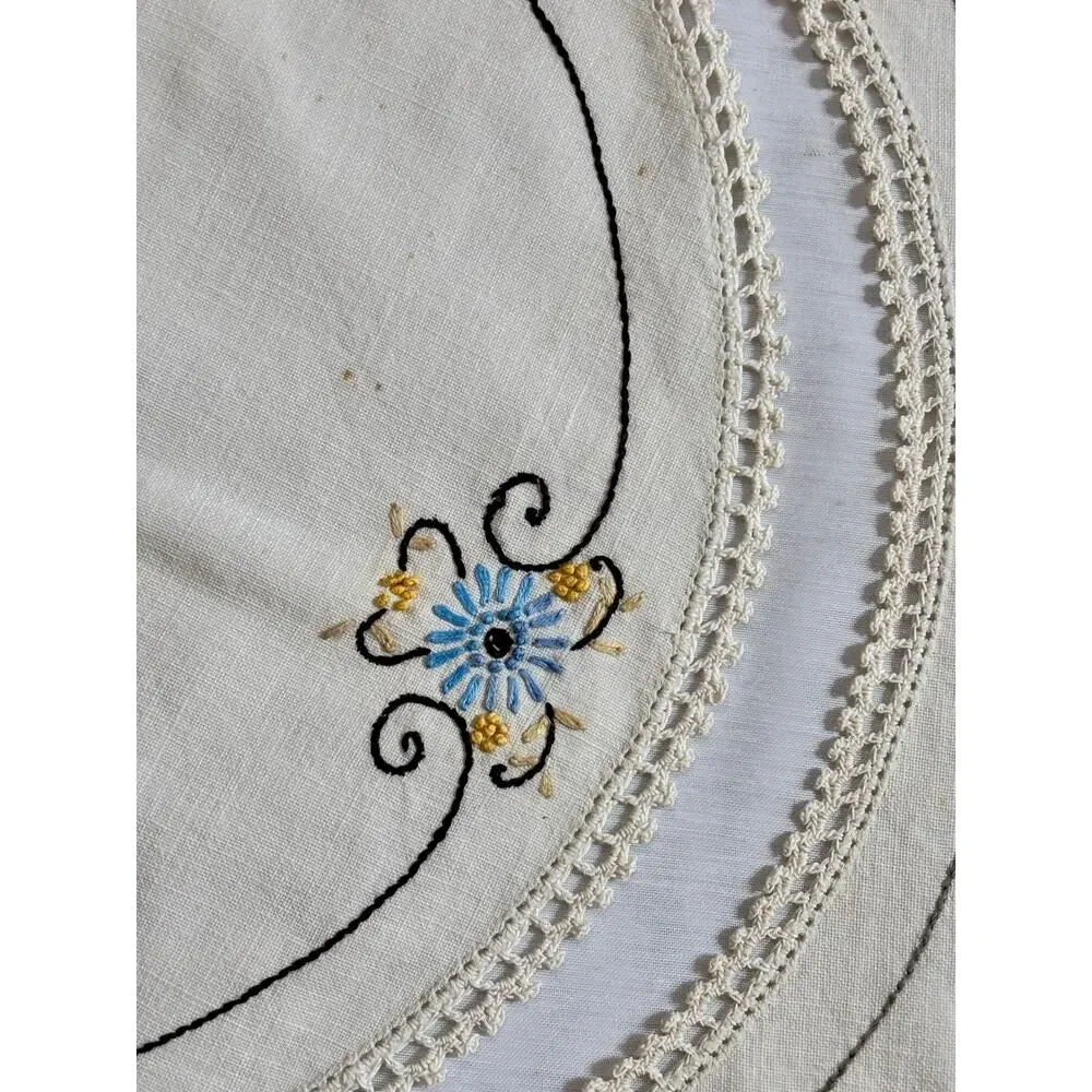Vintage 3pc Set Embroidered Table Runner Dresser Scarf Blue Gold Floral AS IS